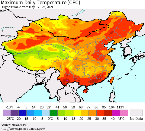 China, Mongolia and Taiwan Maximum Daily Temperature (CPC) Thematic Map For 5/17/2021 - 5/23/2021