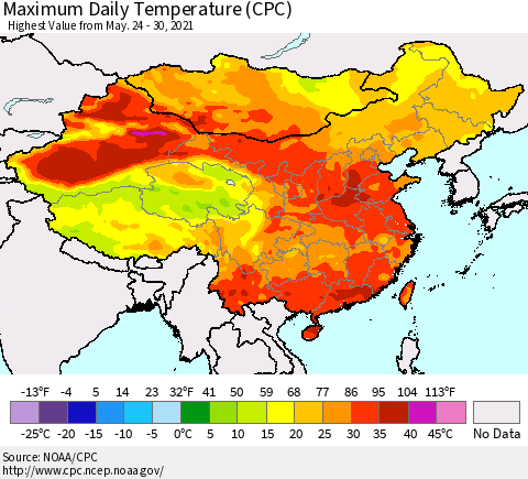 China, Mongolia and Taiwan Maximum Daily Temperature (CPC) Thematic Map For 5/24/2021 - 5/30/2021