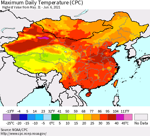 China, Mongolia and Taiwan Maximum Daily Temperature (CPC) Thematic Map For 5/31/2021 - 6/6/2021