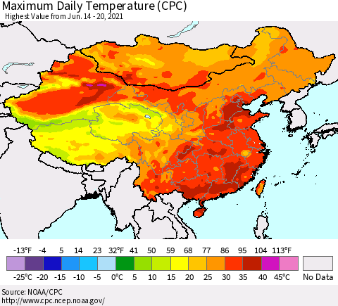 China, Mongolia and Taiwan Maximum Daily Temperature (CPC) Thematic Map For 6/14/2021 - 6/20/2021