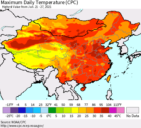 China, Mongolia and Taiwan Maximum Daily Temperature (CPC) Thematic Map For 6/21/2021 - 6/27/2021