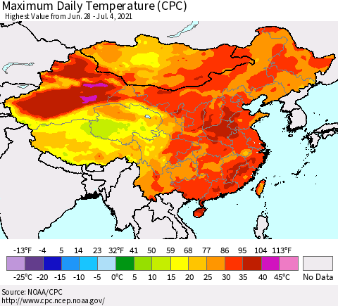 China, Mongolia and Taiwan Maximum Daily Temperature (CPC) Thematic Map For 6/28/2021 - 7/4/2021