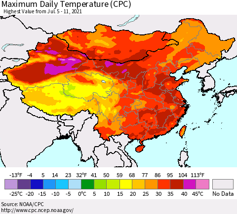 China, Mongolia and Taiwan Maximum Daily Temperature (CPC) Thematic Map For 7/5/2021 - 7/11/2021