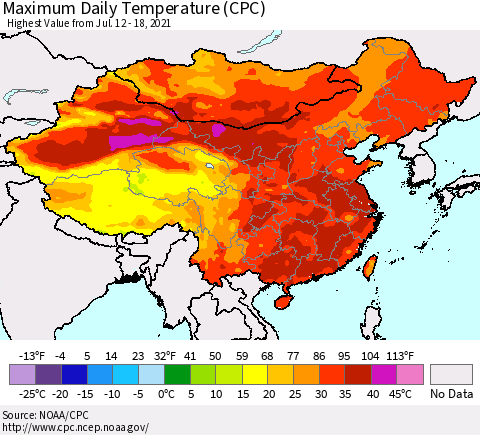 China, Mongolia and Taiwan Maximum Daily Temperature (CPC) Thematic Map For 7/12/2021 - 7/18/2021