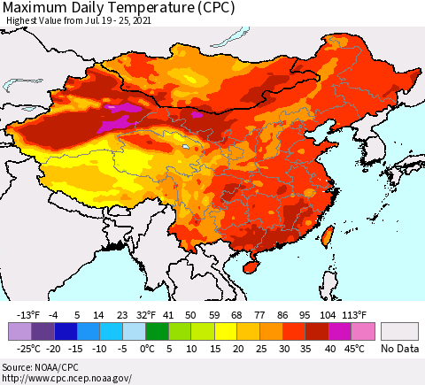 China, Mongolia and Taiwan Maximum Daily Temperature (CPC) Thematic Map For 7/19/2021 - 7/25/2021