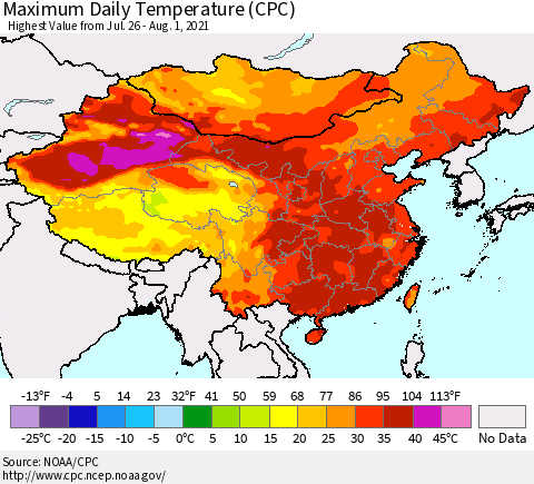 China, Mongolia and Taiwan Maximum Daily Temperature (CPC) Thematic Map For 7/26/2021 - 8/1/2021