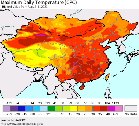 China, Mongolia and Taiwan Maximum Daily Temperature (CPC) Thematic Map For 8/2/2021 - 8/8/2021