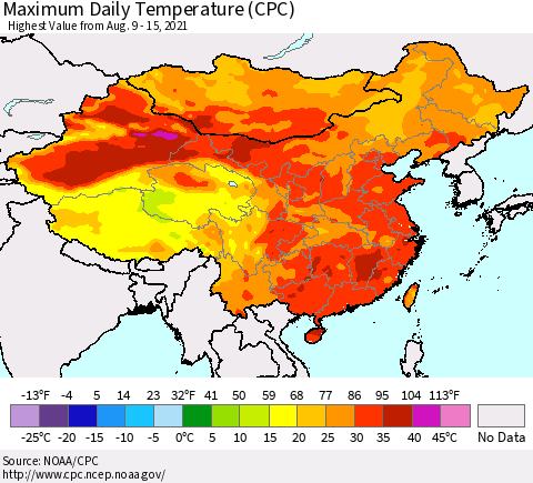 China, Mongolia and Taiwan Maximum Daily Temperature (CPC) Thematic Map For 8/9/2021 - 8/15/2021