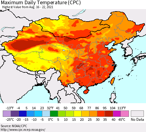 China, Mongolia and Taiwan Maximum Daily Temperature (CPC) Thematic Map For 8/16/2021 - 8/22/2021