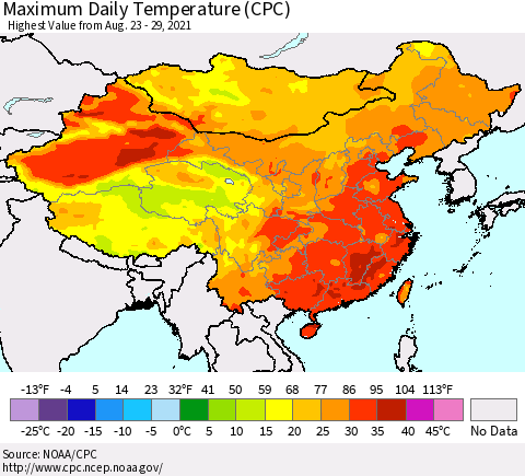 China, Mongolia and Taiwan Maximum Daily Temperature (CPC) Thematic Map For 8/23/2021 - 8/29/2021