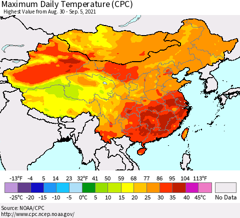 China, Mongolia and Taiwan Maximum Daily Temperature (CPC) Thematic Map For 8/30/2021 - 9/5/2021