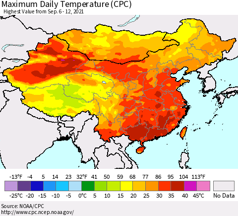 China, Mongolia and Taiwan Maximum Daily Temperature (CPC) Thematic Map For 9/6/2021 - 9/12/2021