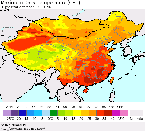 China, Mongolia and Taiwan Maximum Daily Temperature (CPC) Thematic Map For 9/13/2021 - 9/19/2021