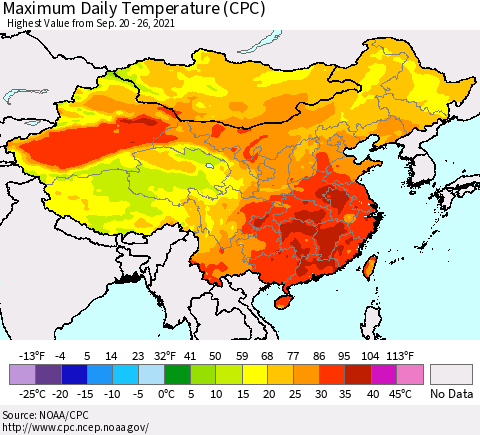 China, Mongolia and Taiwan Maximum Daily Temperature (CPC) Thematic Map For 9/20/2021 - 9/26/2021