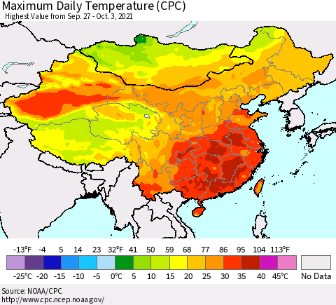 China, Mongolia and Taiwan Maximum Daily Temperature (CPC) Thematic Map For 9/27/2021 - 10/3/2021