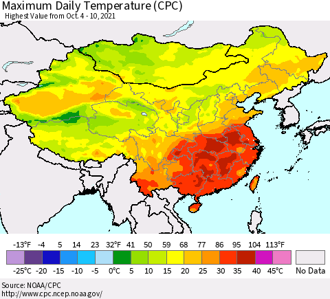 China, Mongolia and Taiwan Maximum Daily Temperature (CPC) Thematic Map For 10/4/2021 - 10/10/2021