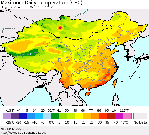 China, Mongolia and Taiwan Maximum Daily Temperature (CPC) Thematic Map For 10/11/2021 - 10/17/2021