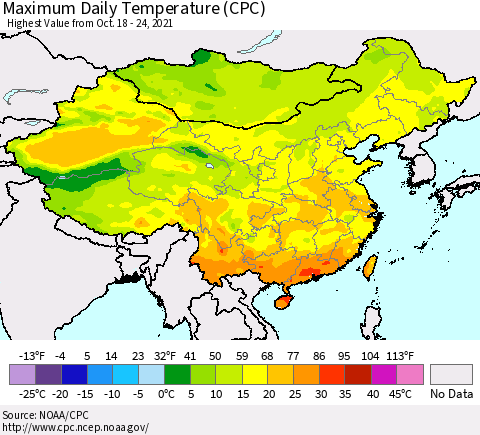China, Mongolia and Taiwan Maximum Daily Temperature (CPC) Thematic Map For 10/18/2021 - 10/24/2021
