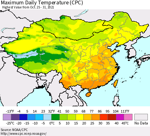 China, Mongolia and Taiwan Maximum Daily Temperature (CPC) Thematic Map For 10/25/2021 - 10/31/2021