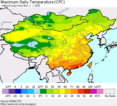 China, Mongolia and Taiwan Maximum Daily Temperature (CPC) Thematic Map For 11/1/2021 - 11/7/2021