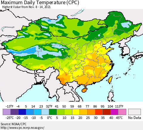China, Mongolia and Taiwan Maximum Daily Temperature (CPC) Thematic Map For 11/8/2021 - 11/14/2021