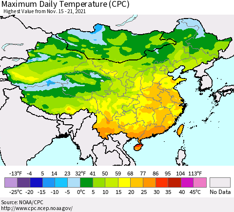 China, Mongolia and Taiwan Maximum Daily Temperature (CPC) Thematic Map For 11/15/2021 - 11/21/2021