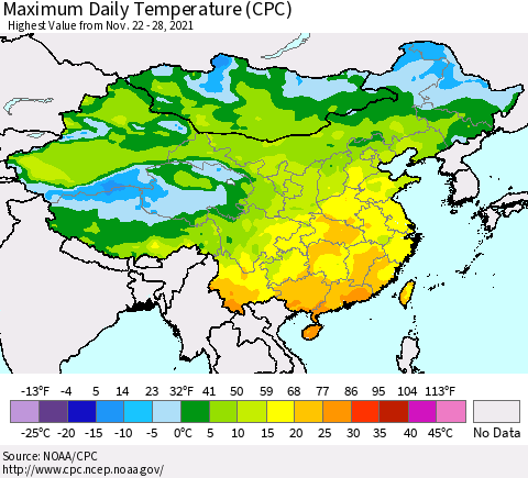 China, Mongolia and Taiwan Maximum Daily Temperature (CPC) Thematic Map For 11/22/2021 - 11/28/2021