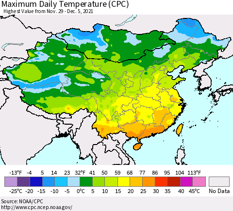 China, Mongolia and Taiwan Maximum Daily Temperature (CPC) Thematic Map For 11/29/2021 - 12/5/2021
