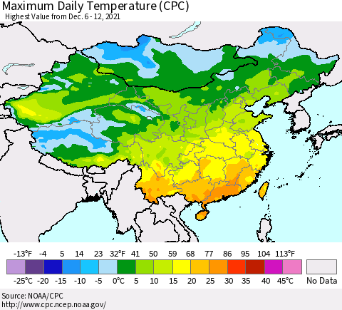 China, Mongolia and Taiwan Maximum Daily Temperature (CPC) Thematic Map For 12/6/2021 - 12/12/2021