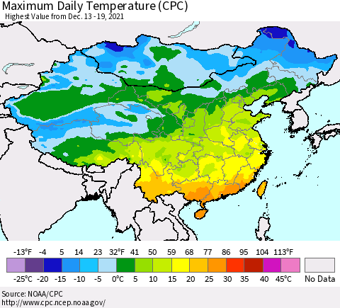 China, Mongolia and Taiwan Maximum Daily Temperature (CPC) Thematic Map For 12/13/2021 - 12/19/2021