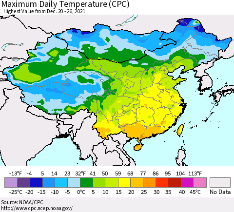 China, Mongolia and Taiwan Maximum Daily Temperature (CPC) Thematic Map For 12/20/2021 - 12/26/2021