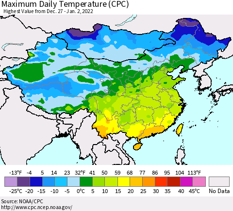 China, Mongolia and Taiwan Maximum Daily Temperature (CPC) Thematic Map For 12/27/2021 - 1/2/2022