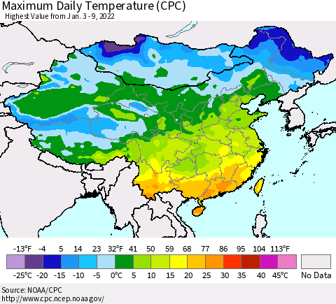 China, Mongolia and Taiwan Maximum Daily Temperature (CPC) Thematic Map For 1/3/2022 - 1/9/2022