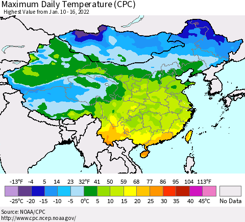 China, Mongolia and Taiwan Maximum Daily Temperature (CPC) Thematic Map For 1/10/2022 - 1/16/2022