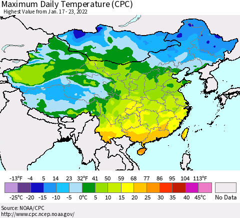 China, Mongolia and Taiwan Maximum Daily Temperature (CPC) Thematic Map For 1/17/2022 - 1/23/2022