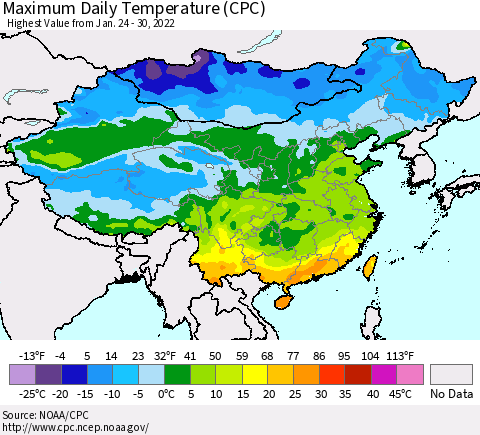 China, Mongolia and Taiwan Maximum Daily Temperature (CPC) Thematic Map For 1/24/2022 - 1/30/2022