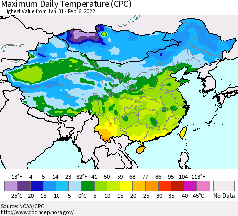 China, Mongolia and Taiwan Maximum Daily Temperature (CPC) Thematic Map For 1/31/2022 - 2/6/2022