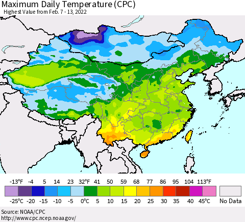 China, Mongolia and Taiwan Maximum Daily Temperature (CPC) Thematic Map For 2/7/2022 - 2/13/2022