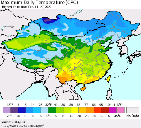 China, Mongolia and Taiwan Maximum Daily Temperature (CPC) Thematic Map For 2/14/2022 - 2/20/2022