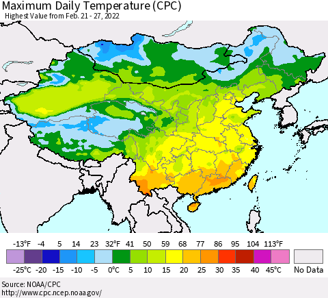 China, Mongolia and Taiwan Maximum Daily Temperature (CPC) Thematic Map For 2/21/2022 - 2/27/2022
