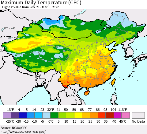 China, Mongolia and Taiwan Maximum Daily Temperature (CPC) Thematic Map For 2/28/2022 - 3/6/2022