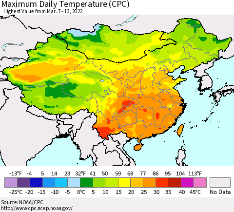 China, Mongolia and Taiwan Maximum Daily Temperature (CPC) Thematic Map For 3/7/2022 - 3/13/2022