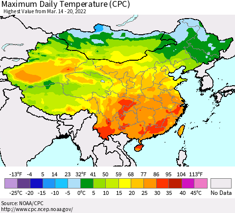 China, Mongolia and Taiwan Maximum Daily Temperature (CPC) Thematic Map For 3/14/2022 - 3/20/2022