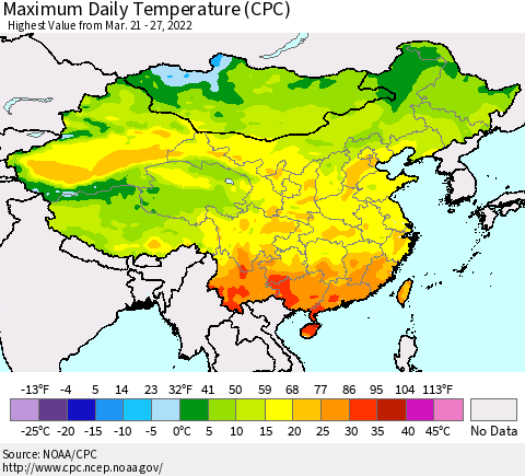 China, Mongolia and Taiwan Maximum Daily Temperature (CPC) Thematic Map For 3/21/2022 - 3/27/2022
