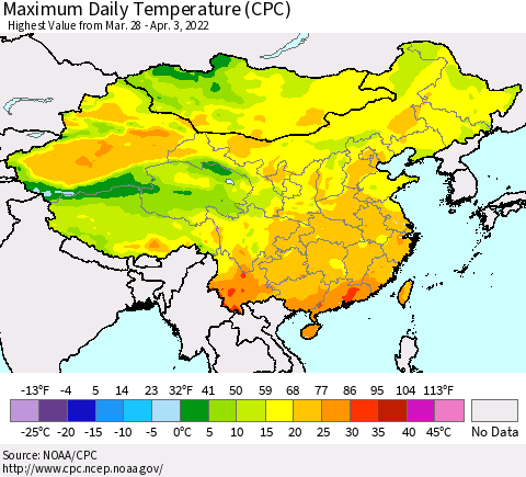 China, Mongolia and Taiwan Maximum Daily Temperature (CPC) Thematic Map For 3/28/2022 - 4/3/2022