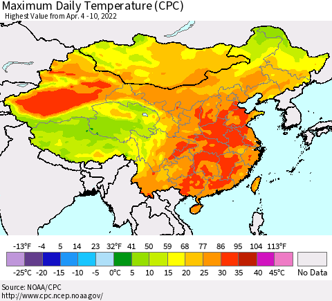 China, Mongolia and Taiwan Maximum Daily Temperature (CPC) Thematic Map For 4/4/2022 - 4/10/2022
