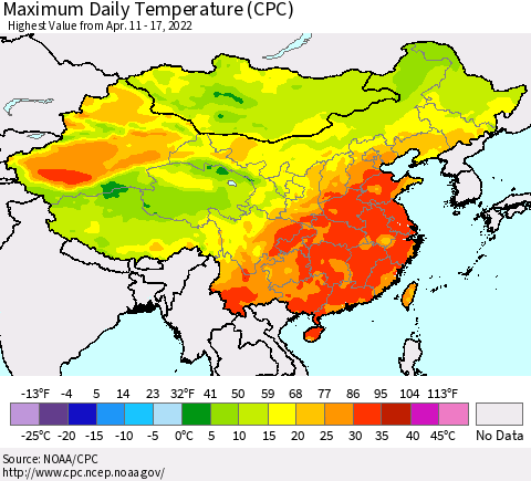 China, Mongolia and Taiwan Maximum Daily Temperature (CPC) Thematic Map For 4/11/2022 - 4/17/2022