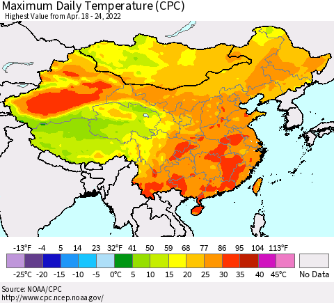 China, Mongolia and Taiwan Maximum Daily Temperature (CPC) Thematic Map For 4/18/2022 - 4/24/2022