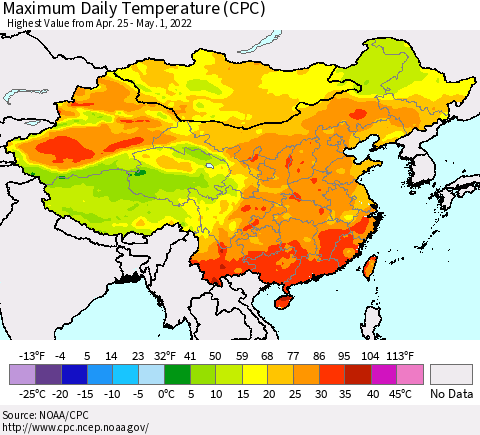 China, Mongolia and Taiwan Maximum Daily Temperature (CPC) Thematic Map For 4/25/2022 - 5/1/2022