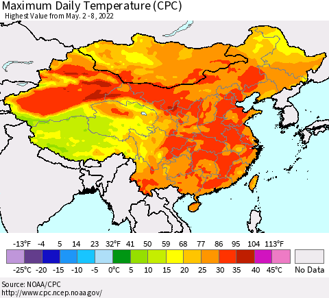 China, Mongolia and Taiwan Maximum Daily Temperature (CPC) Thematic Map For 5/2/2022 - 5/8/2022